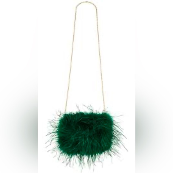NWT Loeffler Randall Zahara Feather Trim Satin Bag Green - Picture 8 of 9